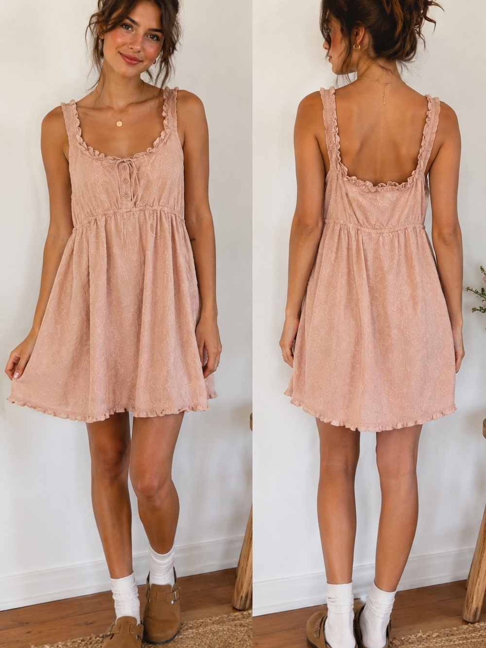 Boho Cotton Babydoll Dress – Women's Large | Blush Pink | Cottagecore
